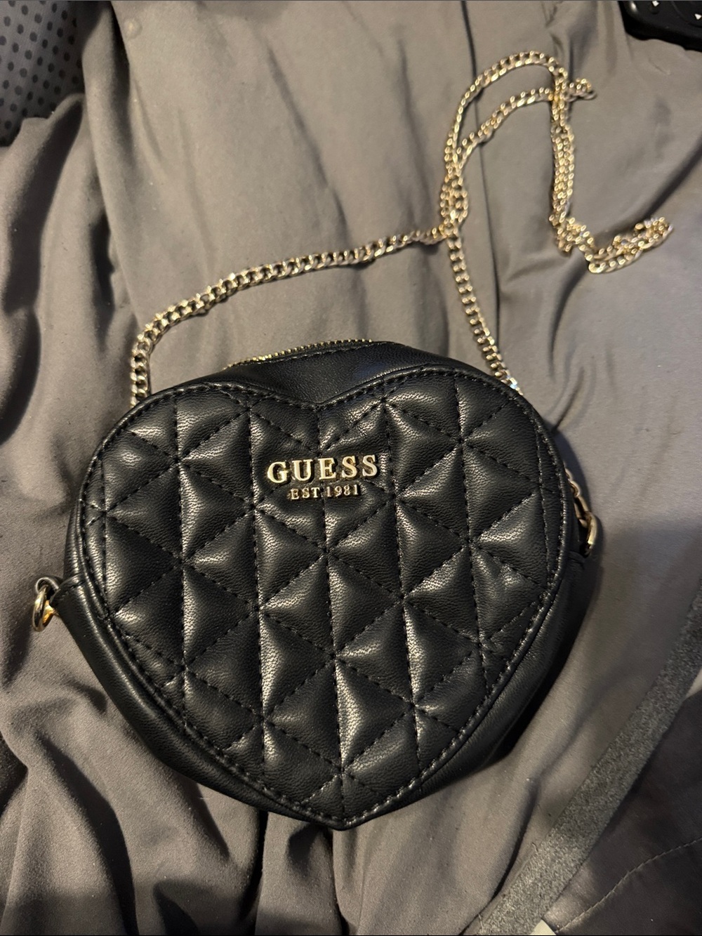 GUESS Black Quilted Heart Crossbody with Gold Chain